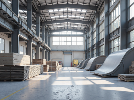 临沂铠润安全防护用品有限公司外景，现代化厂房建筑，蓝天白云背景