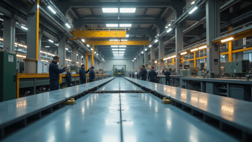 现代化生产车间内部，工人操作机械设备，蓝色背景